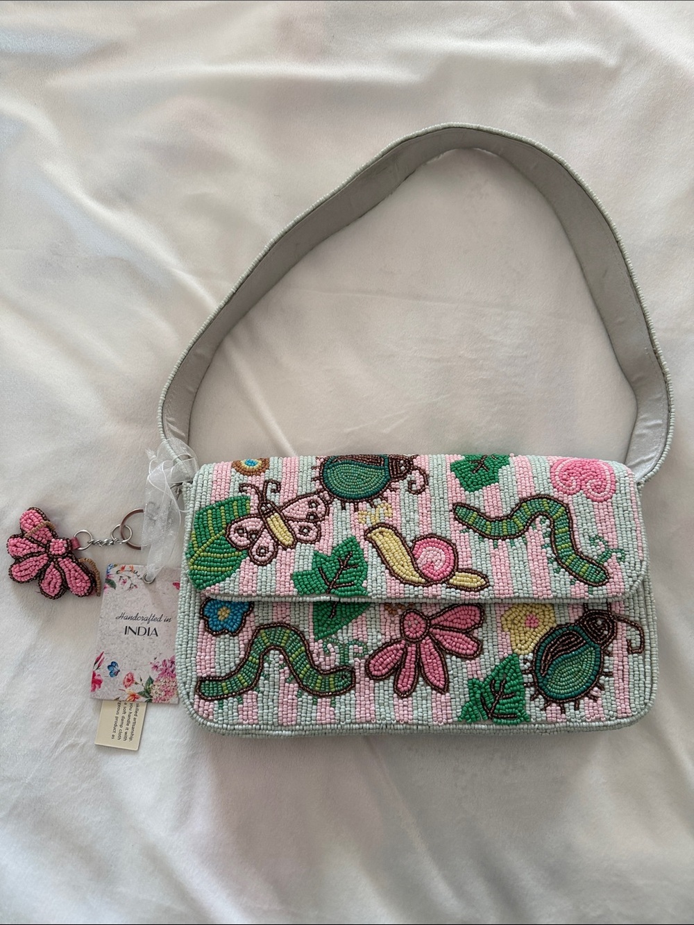 Handcrafted Pink Beaded Floral Shoulder Bag